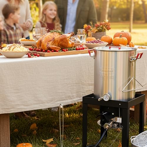 Image of Creole Feast TFP1030 30 Qt. Turkey Fryer and 10 Qt. Fish Fryer Kit with 50,000 BTUs Propane Burner, Outdoor Deep Fryer & Seafood Boiler Steamer for Outdoor Cooking, Silver & Black