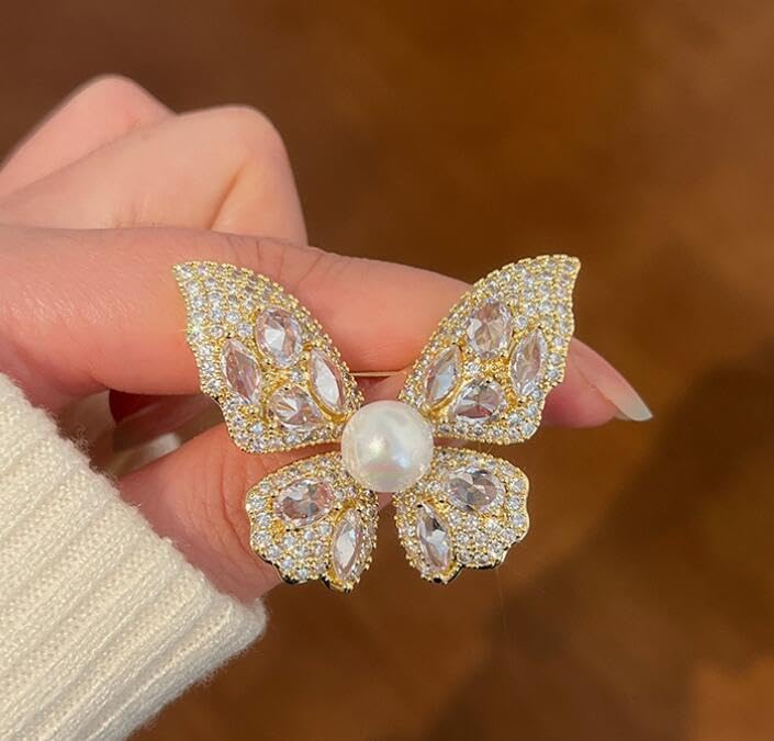 Image of Gold /Silver Butterfly Brooches for Women Rhinestone Tassel Butterfly Pin Brooch Dainty Crystal Lapel Pin Animal Insect CZ Brooch Lapel Pin for Coats Jackets Sweaters Accessories
