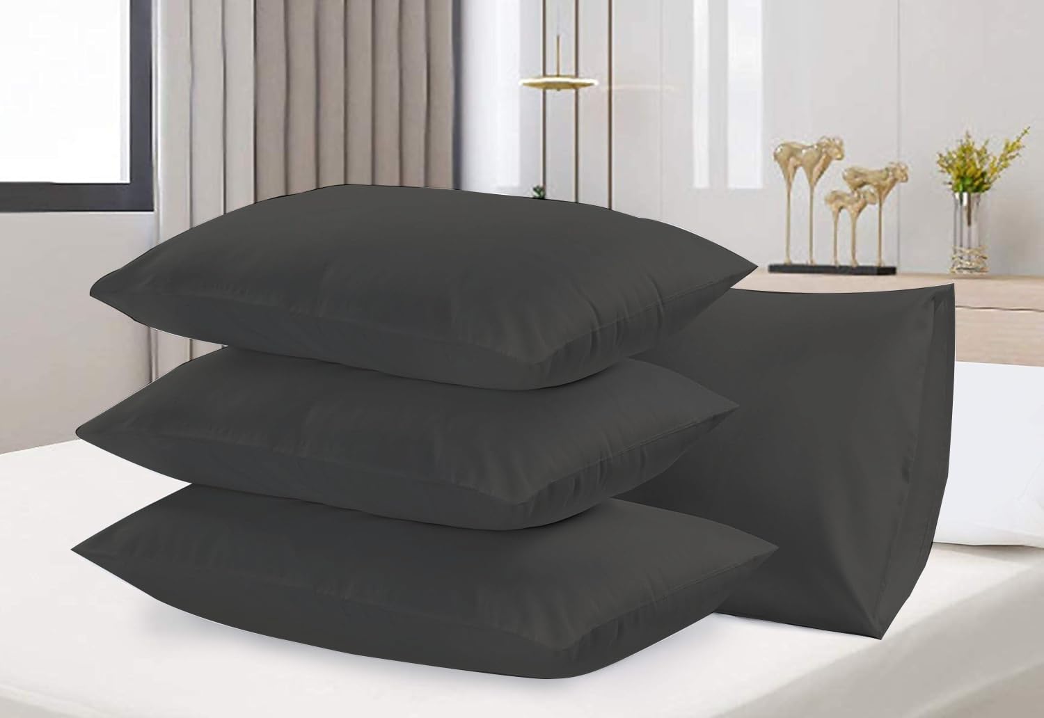 Rehan & Co Charcoal Pillow Cases 4 Pack 200 Thread Count Egyptian Cotton Bedding Envelope Enclosure Hotel Quality Pillow Covers Breathable Housewife Pillowcases (50 X 75 Cm)