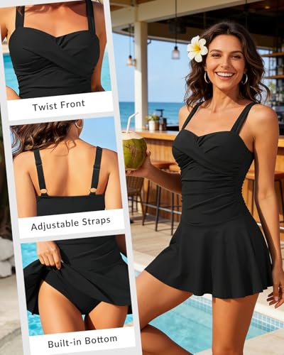 Image of Aqua Eve One Piece Swim Dress Tummy Control Swimsuit with Skirt Modest Bathing Suit Vintage Swimdress