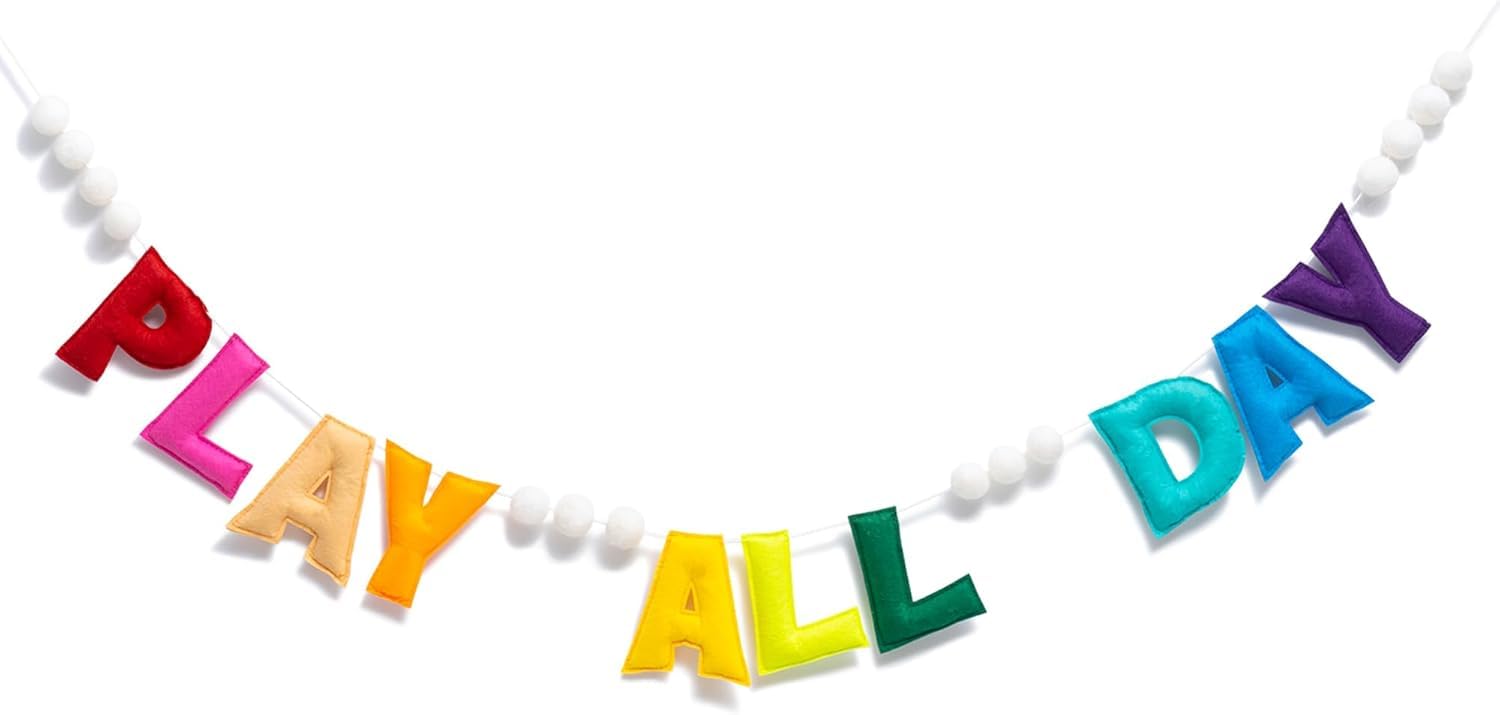 Pre-Strung Rainbow Play All Day Felt Banner Reusable Plays Sign Plays All Day Wall Hanging Felt Garland for Playroom Wall Decor Playhouse Toy Room Classroom Decoration