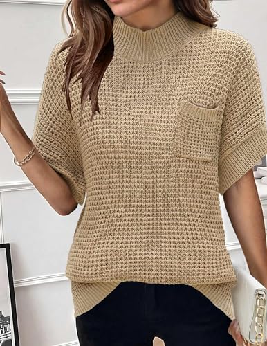 Image of Women 2026 Sweater Vest Mock Neck Batwing Short Sleeve Oversized Ribbed Knit Tops Fall Pullover Sweater S-XXL