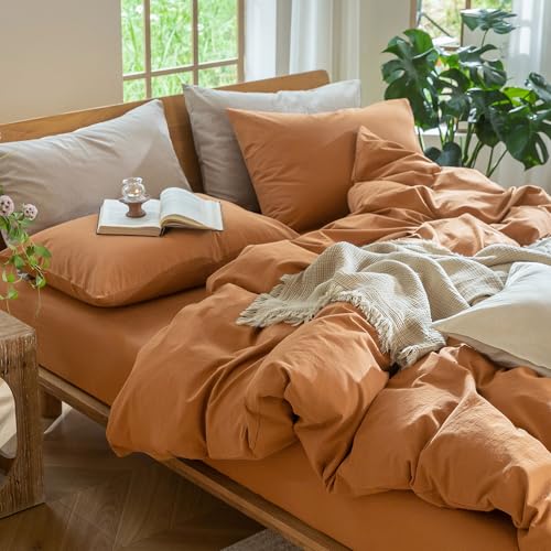 Image of MooMee Duvet Cover Set 100% Washed Cotton Linen Like Queen | Relaxed Linen-like Texture. Soft, Breathable & Long-lasting Comfort. Lightweight. Hidden Zipper with 8 Interior Corner Ties