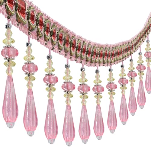 3Yard Teardrop Beaded Fringe Trim Decorative Crystal Tassel Border for Curtains Tablecloths Lampshades Multi-Color Home Decor Edging (Pink)