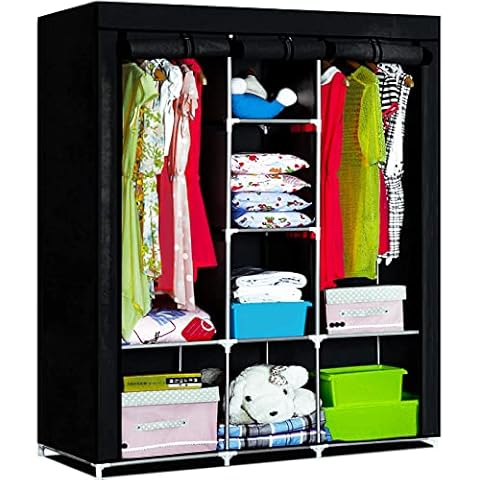 PLKO Portable Wardrobe, Closet Storage Organizer,Portable Clothes Closet Rolling Door Wardrobe with Black Oxford Fabric Cover (Black-1) Cover