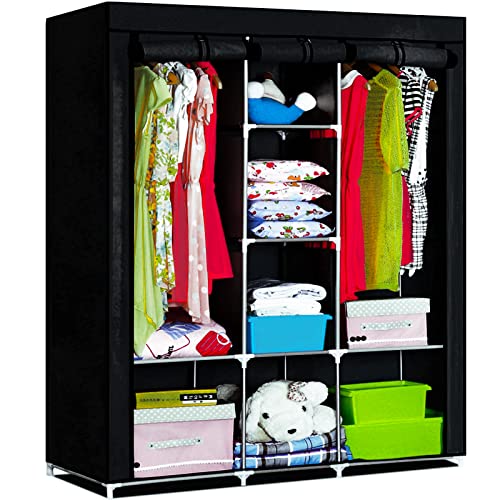 Image of MKSY 50 Inch Portable Closet, Closet Wardrobe Storage Organizer with 8 Shelves, Cover and Side Pockets for Hanging Clothes, Dust-Proof Non-Woven Fabric, Easy Assembly (Black)