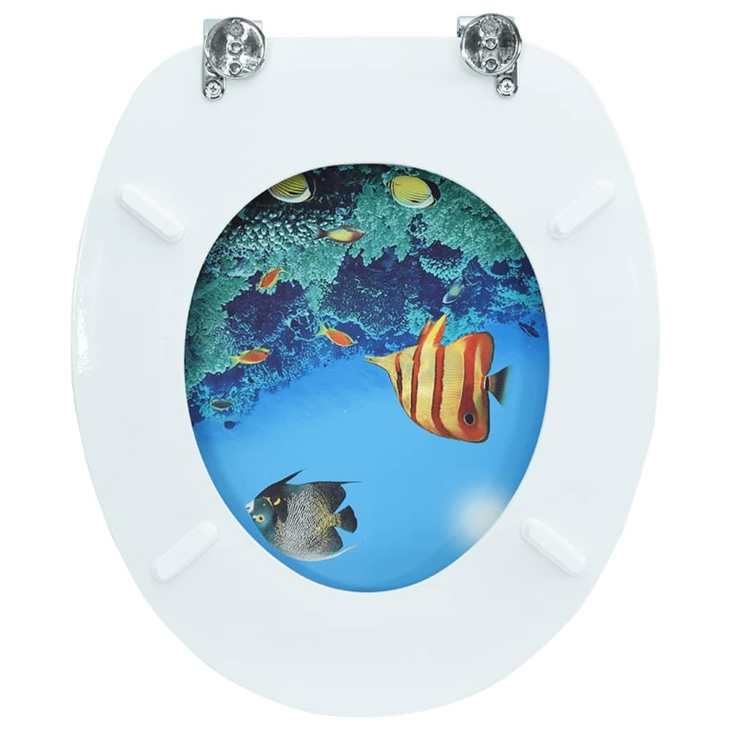 Sedile WC in MDF con coperchio in design Deep See, robusta seduta e coperchio in MDF resistente, cerniere extra forti in lega di zinco cromato, larghezza regolabile di 12 cm