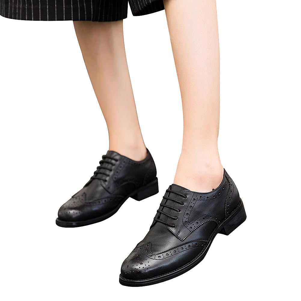 rismart Donna Brogue Appuntito Dito del Piede Pelle Oxfords Scarpe Stringate Basse