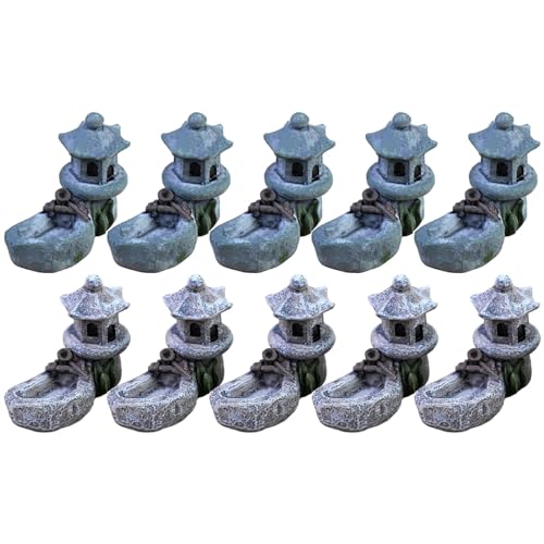 Vkinman 10 figuras retro de torre de estanque, mini estatua de pagoda, estilo japonés, farol de pagoda, torre de piedra en miniatura para jardín, patio, decoración de bonsái