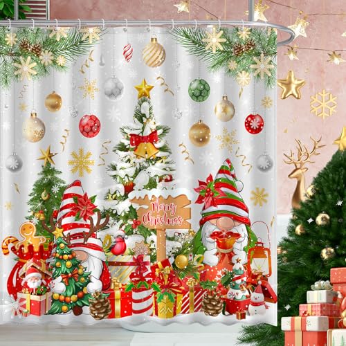 Image of Boho Shower Curtains for Bathroom Mid Century Minimalist Abstract Aesthetic Modern Bathroom Decor Curtain Machine Washable Waterproof Fabric with 12 Hooks (Christmas Gnome White, 72 inchW x 72 inchL)