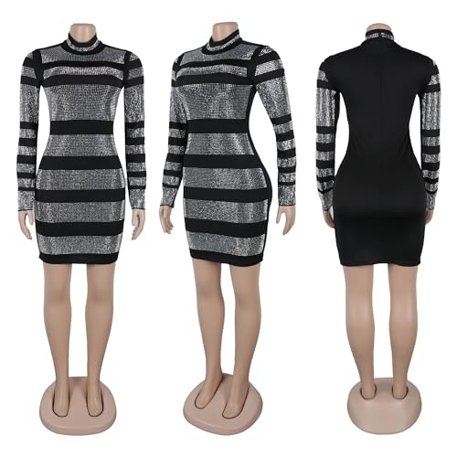 Image of PORRCEY Women's Sexy Elegant Rhinestone Mesh Party Club Night Mini Dress