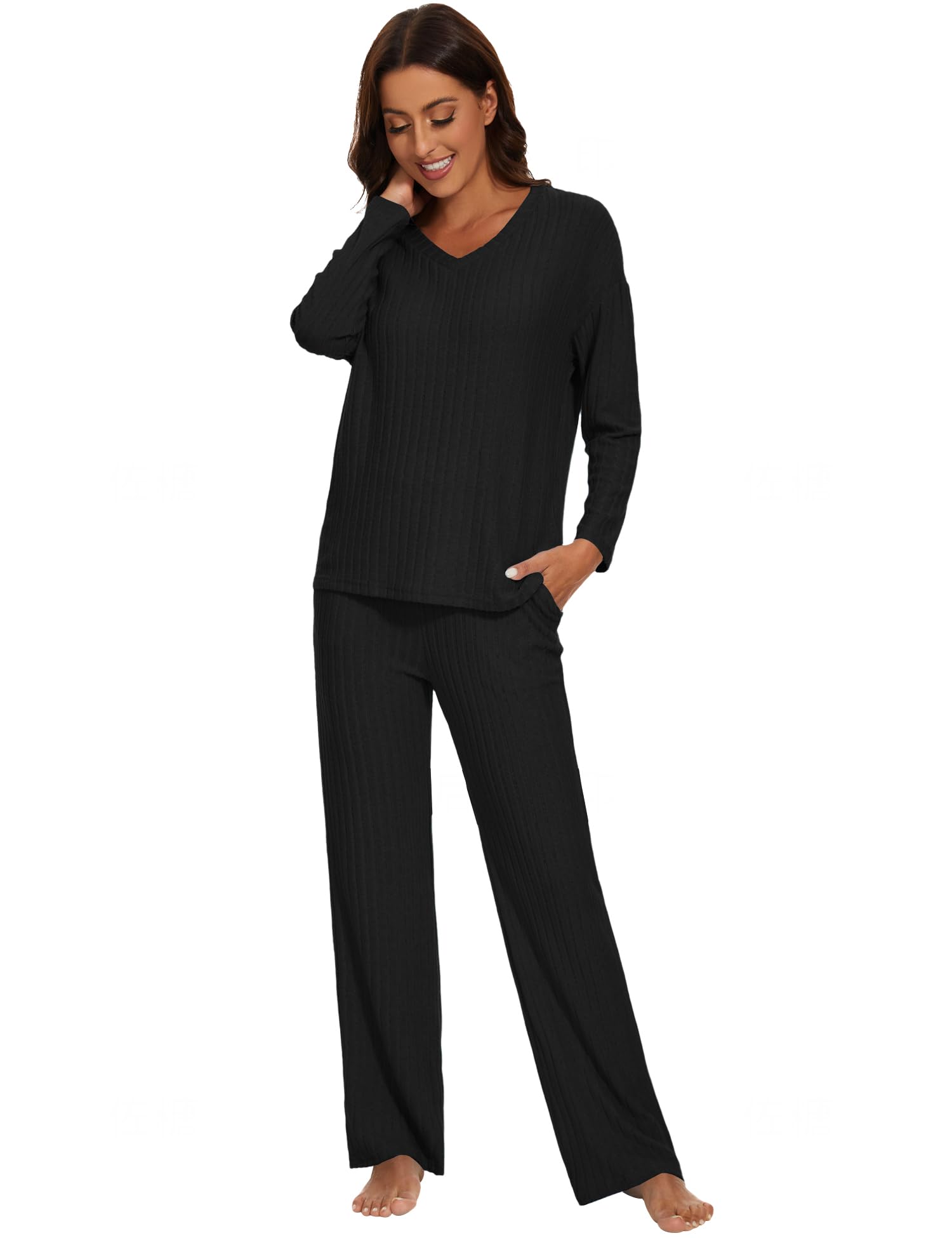 Heersan Blusa De Manga Larga De Punto Pantalones Traje Casual De Tejido De Invierno Mujer Color Sólido Casual Conjuntos De 2 Piezas para Jerseys（4 Colores）