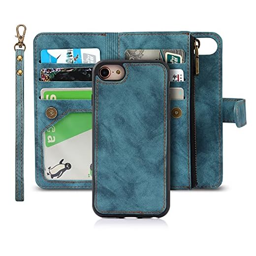 iCoverCase for iPhone SE(2022)/SE(2020)/7/8/6/6s Wallet Phone Case with Card Holder, PU Leather Magnetic Detachable Case with Wrist Strap (Blue)