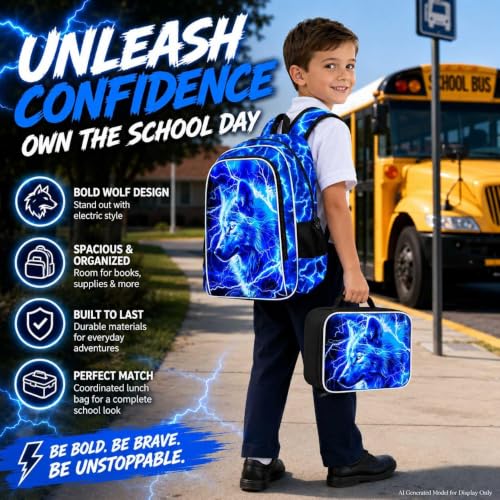Image of 3Pcs Wolf Backpack for Boy, 17 inch Lightning Bookbag for Elementary Preschool Kindergarten, Kids School Backpacks with Lunch Box (Blue)