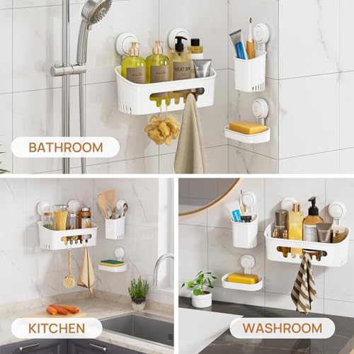 Image of LEVERLOC Shower Caddy Suction Cup Set Shower Organizer & Soap Holder & Toothbrush Holder, Bathroom Shelf Basket NO-Drilling, Removable Suction Storage Waterproof Bathroom Caddy, White