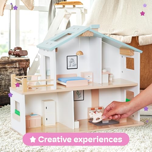 jewelkeeper 2 storey dollhouse wooden - kids pretend play dream house - wooden dollhouse for girls - large wood doll houses playset gift for girl ages 3 and up -157x196 inch