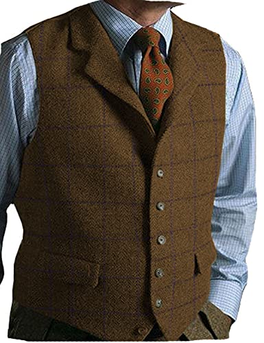 Mens Casual Plaid Suit Vest Tweed Slim Fit Waistcoat for Wedding Groomsmen(Brown,XXL)