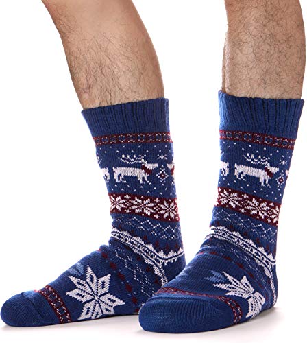 Mens Slipper Socks Fluffy Fuzzy Non Skid Warm Plush Cabin Socks Cozy Fleece Winter Stockings With Gripper(Blue)