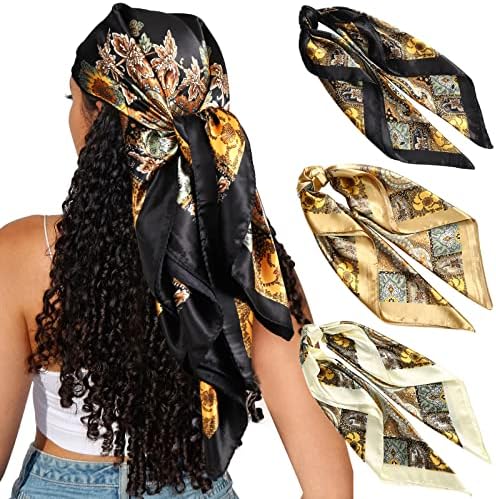 35" Satin Square Hair Scarf Bandanas - 3Pcs Large Silk Head Scarves Lightweight Satin Hair Kerchief Sleeping Hair Wraps for Women (Camel + Black + Beige)