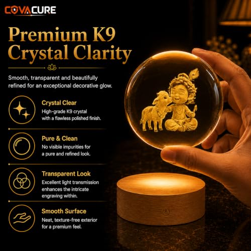 Image of COVACURE 3D Little Krishna Idol Crystal Ball Night Lamp, 2.4 Inch Bal Roop Idol Laddu Gopal Lord Krishna Crystal Ball Night Light for Home & Office Desk Decor, Birthday Gift, Spiritual Showpiece