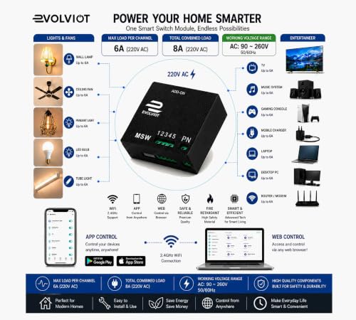 Image of 5 (4+1) Node Smart Switch Module Wi-Fi (Made in India) | 4 AC Outputs + 1 Dimmer Control | Alexa, Google Assistant, Siri Compatible | App, Web, Manual Control, | 2.4GHz & Local Wi-Fi (Black)