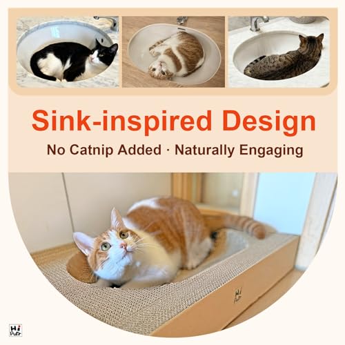 Large Cat Scratcher Bed with Oval Curved Nesting Design, Sink-Inspired Shape, Rectangular Edges for Easy Cleaning, Corrugated Cardboard with Kraft Paper, for Indoor Cats - Image 2