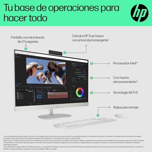 HP All-in-One 27-cr0073ns - Ordenador de sobremesa 27" Full HD con cámara, Teclado y ratón inalámbricos (Intel Core i5-1334U, 16GB RAM, 1TB SSD, Intel UHD Graphics, Windows) Blanco