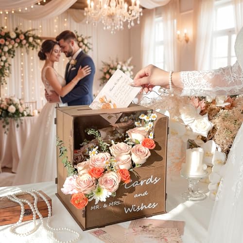 Image of OurWarm Brown Wedding Card Box with Wave Flower Trough, Wooden Gift Card Box for Wedding Decorations Reception, Wood Money Gift Boxes for Party Weddings Essentials Graduation Bridal Shower Decorations
