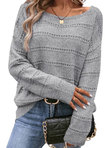 Image of SHEWIN Women's Sweaters Crew Neck Crochet Sweater Lightweight Knit Long Sleeve Tops Shirts Loose Fit Spring 2026