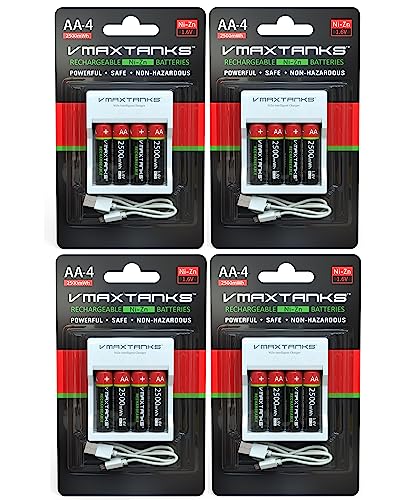 VMAX AA-4CH Ni-Zn Rechargeable AA 4 Pack Batteries for High Drain Devices + Charger 1.6V 2500mWh + Storage Case (4 Packs of (4))