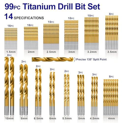 HURRICANE Metric 99pc Titanium Twist Drill Bit Set, 135° Tip High Speed Steel Jobber Drill Bits Kit for Wood/Cast Iron/Aluminum Alloy/Plastic/Fiberglass, with Storage Case, Size from 1.5mm to 10mm 2 HURRICANE Metric 99pc Titanium Twist Drill Bit Set, 135° Tip High Speed Steel Jobber Drill Bits Kit for Wood/Cast Iron/Aluminum Alloy/Plastic/Fiberglass, with Storage Case, Size from 1.5mm to 10mm - Image 2