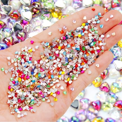 600Pcs Colorful Heart Nail Rhinestones Aurora Valentine Heart Nails Art Charms Mini Hearts Shiny Resin Diamonds Design Multi-Color Flatback Crystals Hearts Nails Charms for Women Manicure Nails Decor
