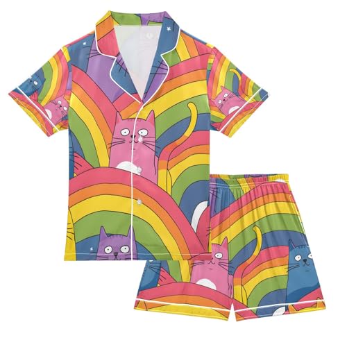 senya Cat Rainbow A Satin Summer Pajama Sets Silk Short Sleeve Button Down Sleepwear