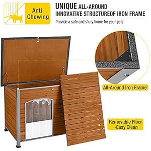 Aivituvin Dog House Outdoor & Indoor Wooden Dog Kennel for Winter with Raised Feet Weatherproof for Small & Medium & Large Dogs,Unique All-Around Iron Frame…