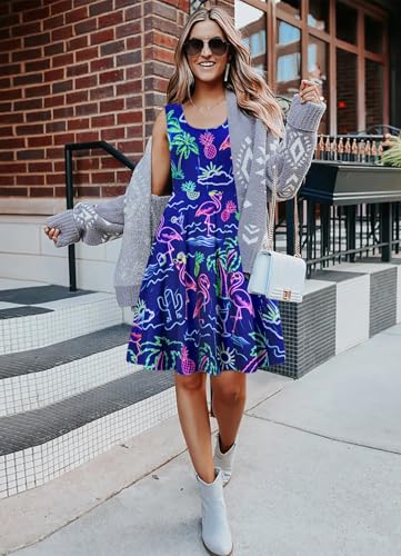 Image of uideazone Women Funny Print Sleeveless U Neck A Line Casual Midi Dress | Soft Stretchy Breathable Fabric Flared Swing Sundress Fitted Waist for Daily Wear 80 /90s Themed Party Beach Vacation Trips