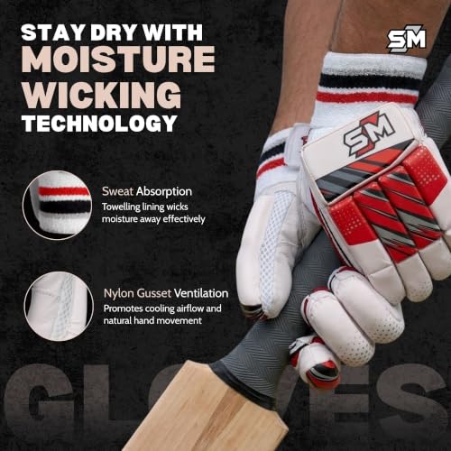 Image of SM Strike Batting Gloves | Cricket Gloves | Calf Skin Leather Palm | Fibre Mould Infused Fingers | Moisture-Wicking | Enhanced Grip & Ventilation | Youth Cricket Gloves | Size Youth