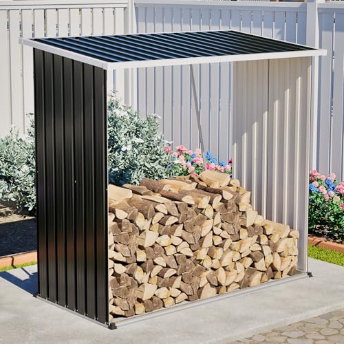 KEIKI Firewood Storage Rack with Sloped Roof, 62 Cu.Ft Weather-Resistant Patio Organizer, Outdoor Metal Storage Shed for Lawn Mower, Garden Tools, Backyard, Camping Gear