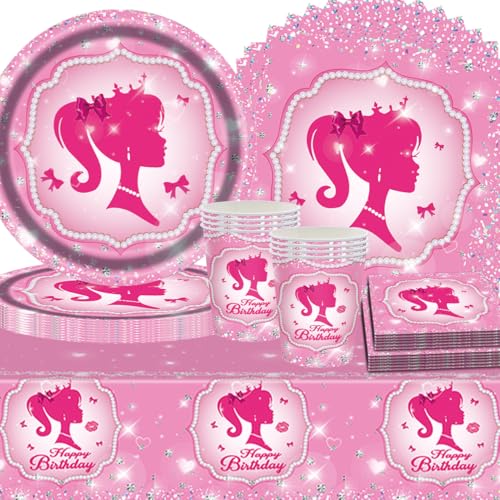 SANYUANHE 53 Piezas Vajilla de Fiesta Pink Princesa,Maquillaje Princesas Fiesta Cumpleaños Niña Rosa,Decoración Cumpleaños Rosa,Suministros Para Fiesta Papels Vasos Servilletas Manteles