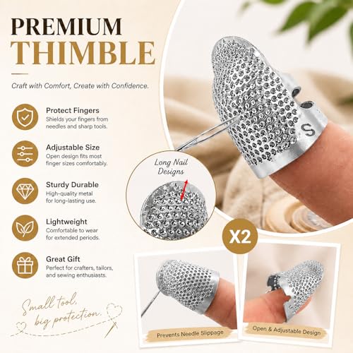Image of Thimbles for Hand Sewing, Sewing Thimble Kit, Metal Finger Protectors, Thimble Ring for Hand Quilting and Embroidery(Silver,2Pcs,Small /Medium)