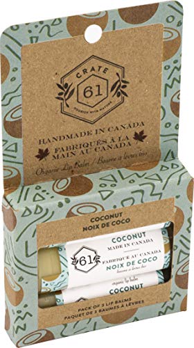 Crate 61 Coconut Lip Balm 3-Pack 100% USDA Organic Ingredients. Flavored with Premium Essential Oils and Organic Flavors, for Men and Women (Coconut)