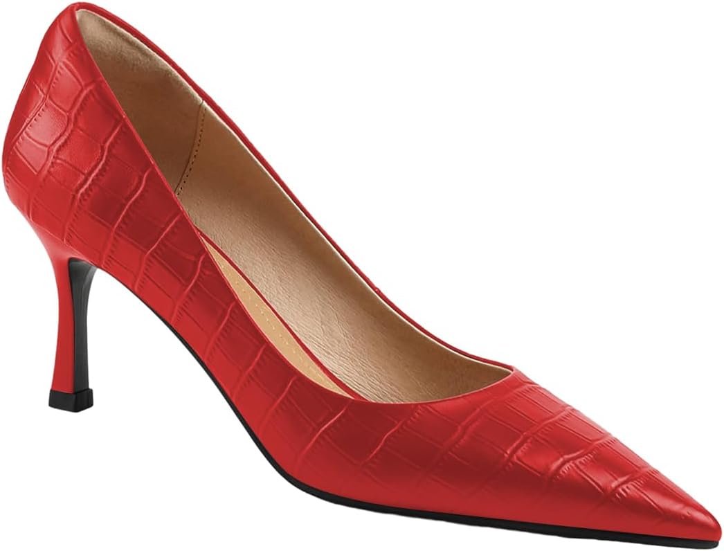 FOWT Simple Solid Croc-Embossed Pointed Toe Pumps Women Dressy Slip on Thin High Heels Sexy Shallow Party Evening Dance Shoes US Size 4-16