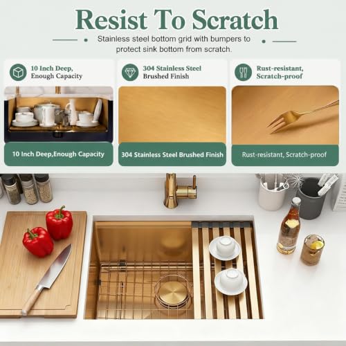 Image of Gold Undermount Kitchen Sink 23 x 18 Inch, 16 Gauge T304 Stainless Steel Workstation Sink with Ledge & Accessories
