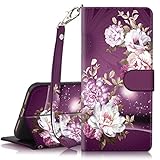 iPhone 7 Plus Case, iPhone 8 Plus Case, Hocase PU Leather Full Body Protective Case with Credit Card Holders, Wrist Strap, Magnetic Closure for iPhone 8 Plus/iPhone 7 Plus - Royal Purple/White Flowers