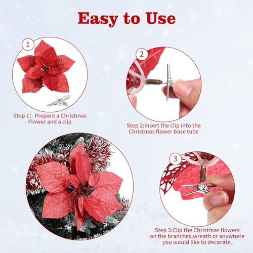 15 Pieces Christmas Glitter Poinsettia with Clips Christmas Poinsettia Decorations Artificial Poinsettia Flowers Ornament Christmas Flowers for New Year Wedding Home Decoration 8.7inch/22cm Red