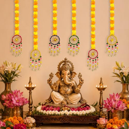 Image of Party Propz Artificial Marigold Hanging Decoration Items with Chakra Latkan- 6Pcs Ganpati Decoration Setup for Home, Varamahalakshmi Decorative Items, Door Hanging, Wall Latkan, Krishna Janmashtami
