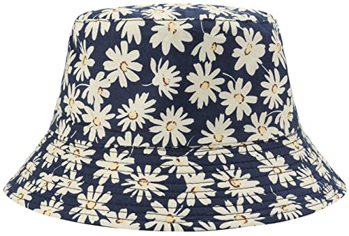 Bucket Hat Double Side Wear Hat Travel Hiking Summer Printed Sun Hats Fisherman Cap For Women Teens Navy Blue Daisy #TOP1