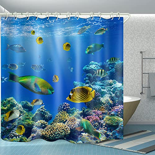 Image of LYFANS Waterproof Polyester Fabric Shower Curtains, Seaworld Print Large Width Partition Curtain, Bathtub Shower Curtain Liner, 12 White Hooks (72x72 inches)