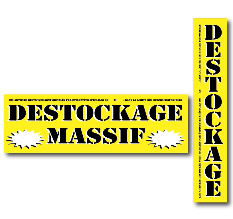 Affichesstore 30930 - Kit 2 Affiches Destockage Massif Jaune L80 H26 cm + L15 H80 cm - Imprimé Recto Seul – Inscriptible - Qualité Imprimerie - Papier Brillant 170g.