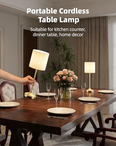 Image of Cordless Table Lamp, 8000mAh, Dimmable, Ambient Light, 2700K, Touch Control, Portable, LED, Wireless, Rechargeable, Battery Operated, Desk Lamp, Kitchen Lamp, Fabric Shade, for Dining Room, Bedroom