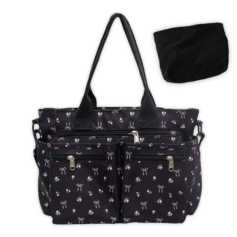 Women’s Bow Print Tote Bag With Multi Pocket,Cute Kawaii Crossbody Bag,Large Capacity Bow Shoulder Purse Handbag Bag